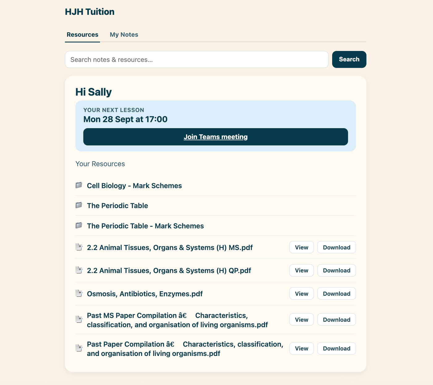 Student portal home screen showing the next lesson join link and resources
